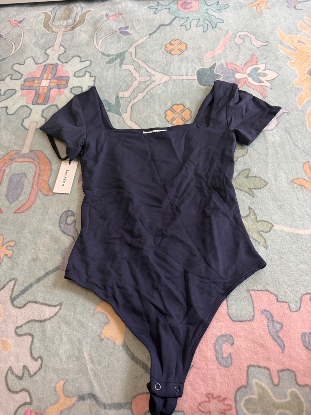 Babaton Navy Square-Neck Short Sleeve Bodysuit